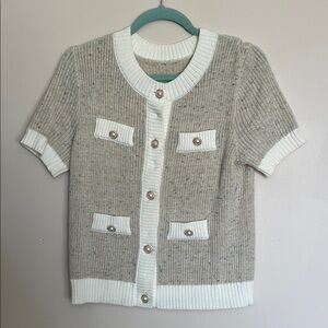 Women’s Beige and White Button-Down Short Sleeve Cardigan